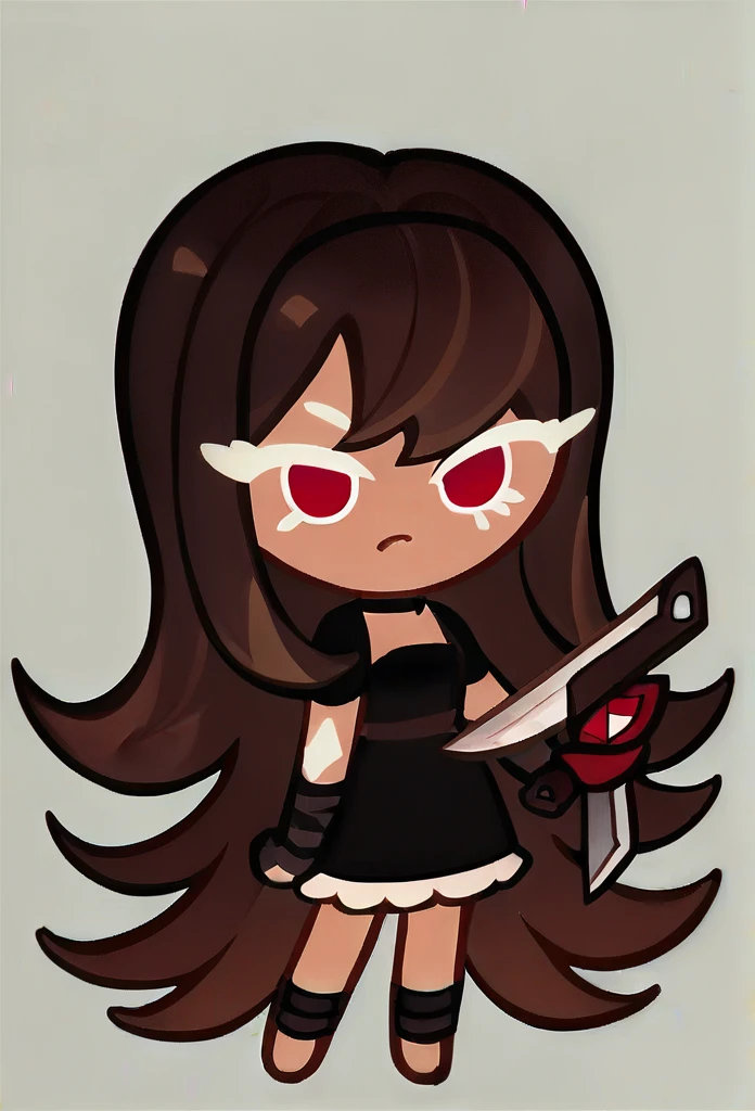 chibi, full body, CookieRun, 1girl, red eyes, short dress, black dress, long hair, brown hair, knife in hands