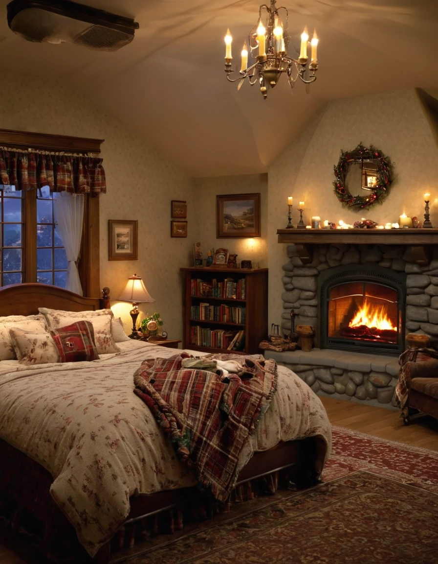 arafed bedroom with a fireplace and a bed with a blanket, thomas kinkade. cute cozy room, cozy and calm, cozy setting, very cozy, cozy wallpaper, cozy room, cozy place, cozy and peaceful atmosphere, cosy enchanted scene, cozy candlelight, cozy environment, cozy bed, soothing and cozy landscape, cozy atmosphere, cosy fireplace