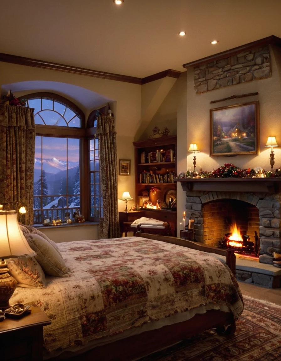 arafed bedroom with a fireplace and a bed with a blanket, thomas kinkade. cute cozy room, cozy and calm, cozy setting, very cozy, cozy wallpaper, cozy room, cozy place, cozy and peaceful atmosphere, cosy enchanted scene, cozy candlelight, cozy environment, cozy bed, soothing and cozy landscape, cozy atmosphere, cosy fireplace