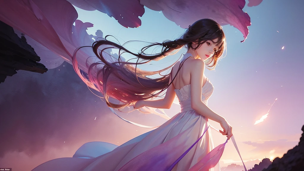 One girl,flower, Lisianthus ,Pale pinkと淡い青のスタイル, A dreamy, romantic piece, Pale pink, Mysterious Leaves, A playful arrangement,Fantasy, High Contrast, Ink strokes, explosion, Exposure, Impression of purple and red tones , Abstract, ((Watercolours by John Berkey and Jeremy Mann )) Brush strokes, Negative Space,