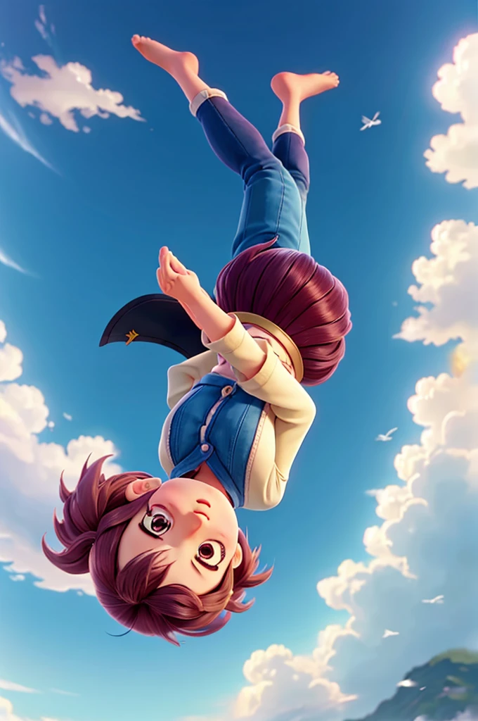 A anime girl , falling,in sky, beutiful face ,haie in air,