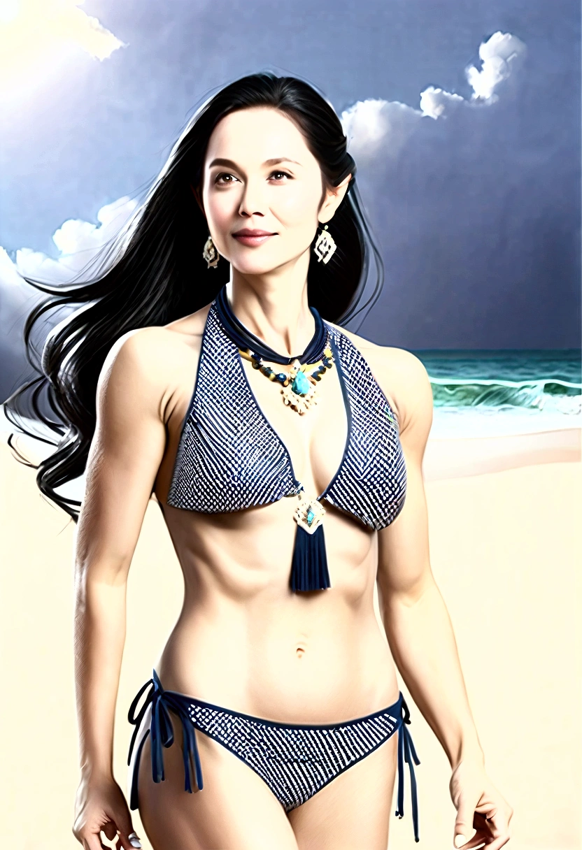 ((Masterpieces with up to 16K resolution:1.6)),Highest quality,it is really amazing,Very detailed,Ultra-high resolution,(Real:1.5),(Realistic:1.5),Increased depth of field,Cinematic Light,
Elegant mature woman,
Long black hair,(Exquisitely detailed face:1.5),Face with a gentle expression,Translucent white skin,Very sensitive skin,Great proportions,Anatomically correct body,
Sexy bikini swimwear,Artistic design,Beautiful and detailed pattern,Detailed fabric texture,Gorgeous necklace,
Coastal landscape at dusk,Dark clouds and dark sky,delay々Continuing sandy beach, Deserted Beach,Dark sea surface,
(Cowboy Shot:1.6),