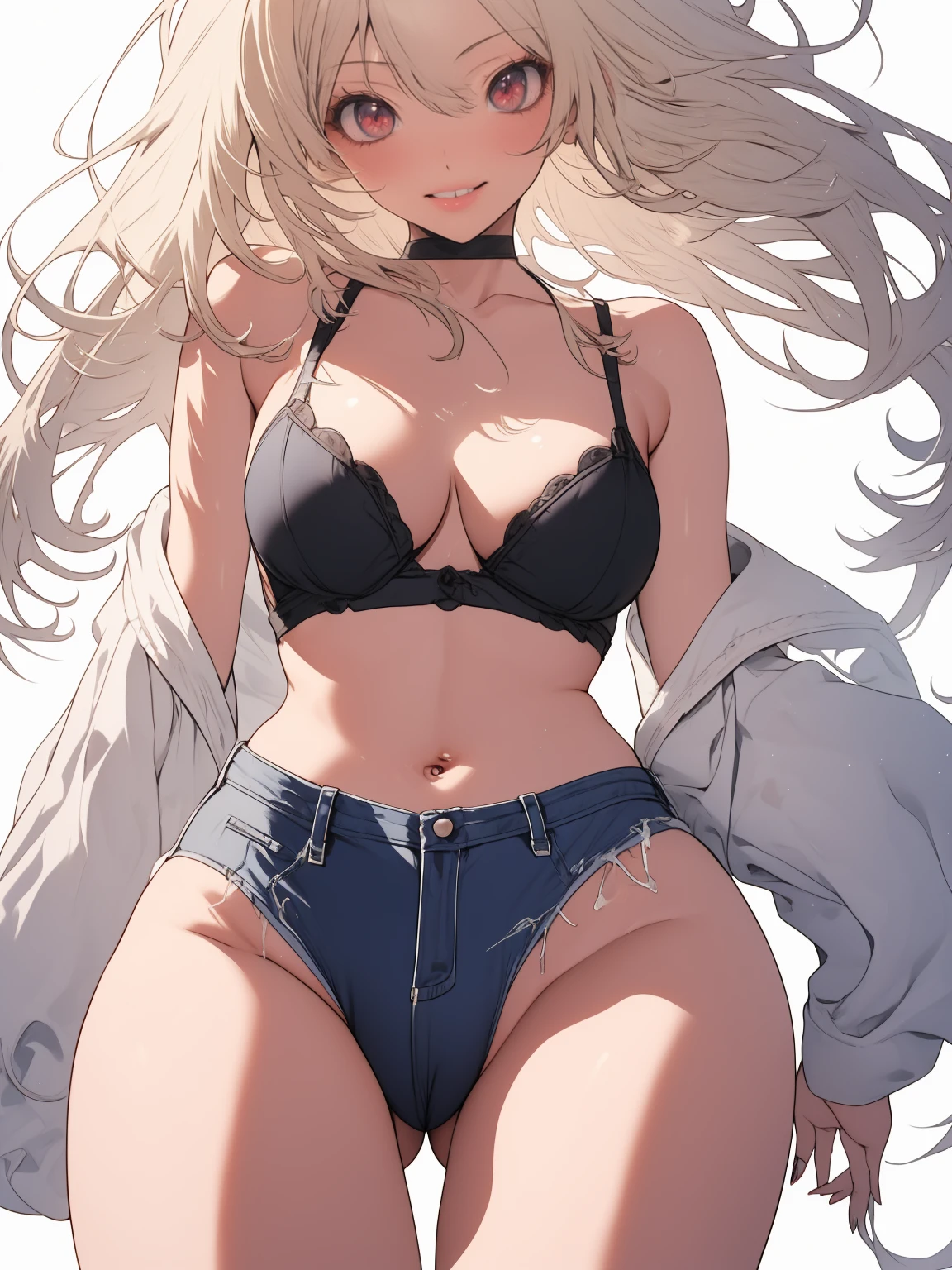 1girl, Anime, anime girl, 2d, 16y, 16 years, black belt, (full body), Very Kawaii, lip lips, seductive smile, Solo, Slim, Large Breasts, Plain White Bra, cleavage, Very Tight Shorts, upshorts, Dynamic Angle, No Background, White Background, looking at viewer, darker shadows, (((absurdres))), (((thigh gap))), (((cameltoe))), (((sleeveless))),