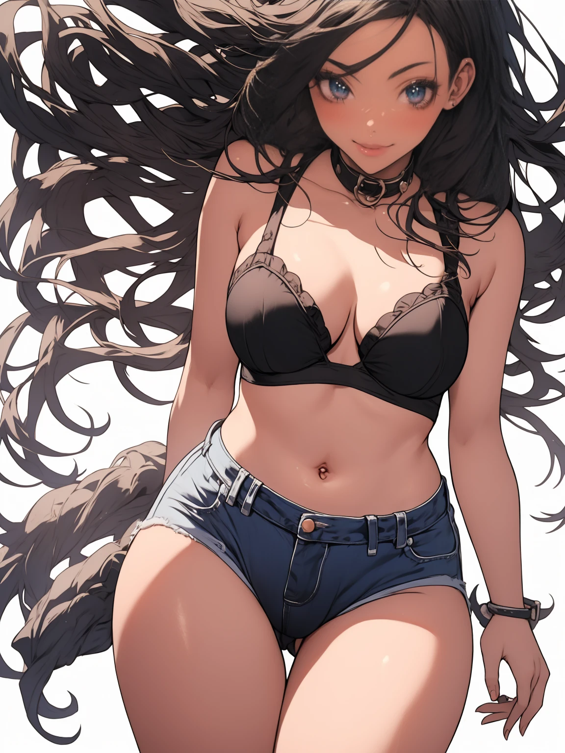 1girl, Anime, anime girl, 2d, , 16 black belt, (full body), Very Kawaii, lip lips, seductive smile, Solo, Slim, Large Breasts, Pite Bra, cleavage, Very Tits, upshorts, Dynamic Angle, No Background, White Background, looking at viewer, darker shadows, (((absurdres))), (((thigh gap))), (((cameltoe))), (((sleeveless))),