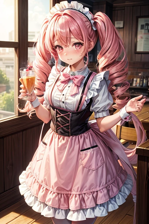 One girl,Cafe Waitress,Pink Hair,Twin tails,big tail,Curly Hair,Pink Lolita Maid,apron,Pink Eyes,blush,Embarrassed face,