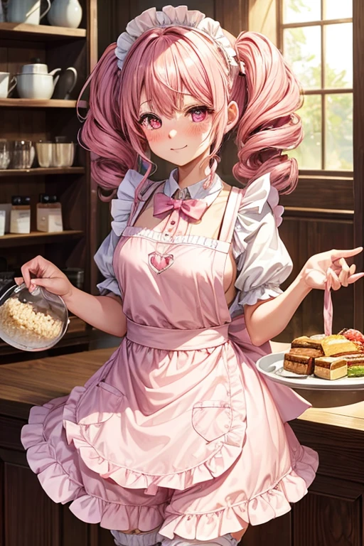 One girl,Cafe Waitress,Pink Hair,Twin tails,big tail,Curly Hair,Pink Lolita Maid,apron,Pink Eyes,blush,Embarrassed face,