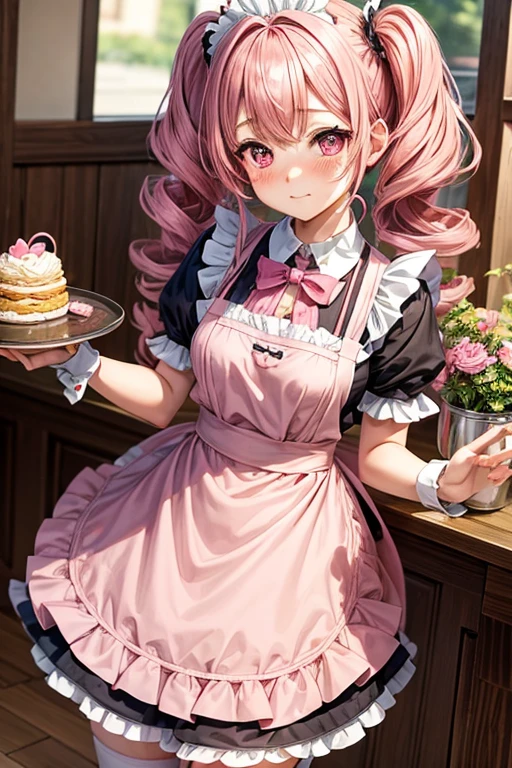 One girl,Cafe Waitress,Pink Hair,Twin tails,big tail,Curly Hair,Pink ta Maid,apron,Pink Eyes,blush,Embarrassed face,Small ,Small breasts