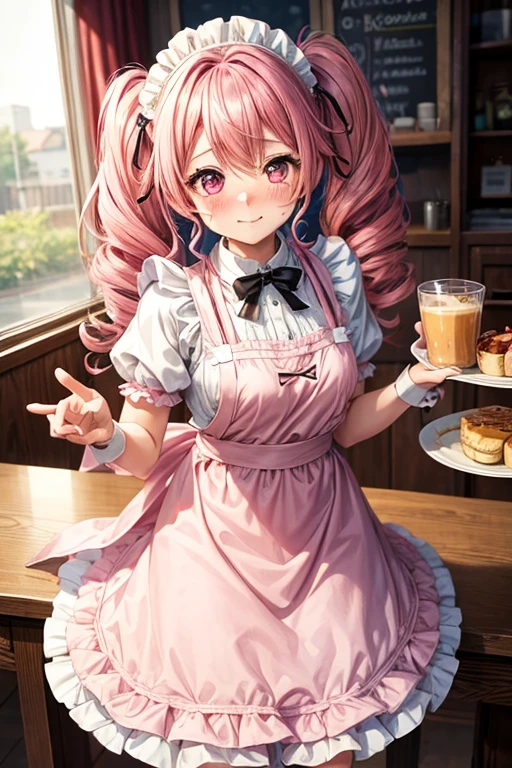 One girl,Cafe Waitress,Pink Hair,Twin tails,big tail,Curly Hair,Pink Lolita Maid,apron,Pink Eyes,blush,Embarrassed face,