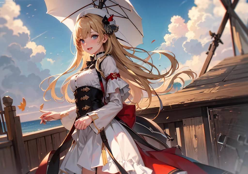 Realistic photos, Focus distance 10mm, Red and white, A big smile, Beautiful girl, Realistic photos, Focus distance 10mmで撮影, masterpiece, 最high quality, high quality, Very detailed CG 8k wallpaper unit, Award-winning photography, Bokeh, Depth of written boundary, High resolution, bloom, chromatic aberration, Realistic, Very detailed, Art Station Trends, CGsociety Trends, Complex, High detail, dramatic, Art on the go, volumetric lighting, steampunk、blue sky、On the deck of the airship、Beautiful blonde