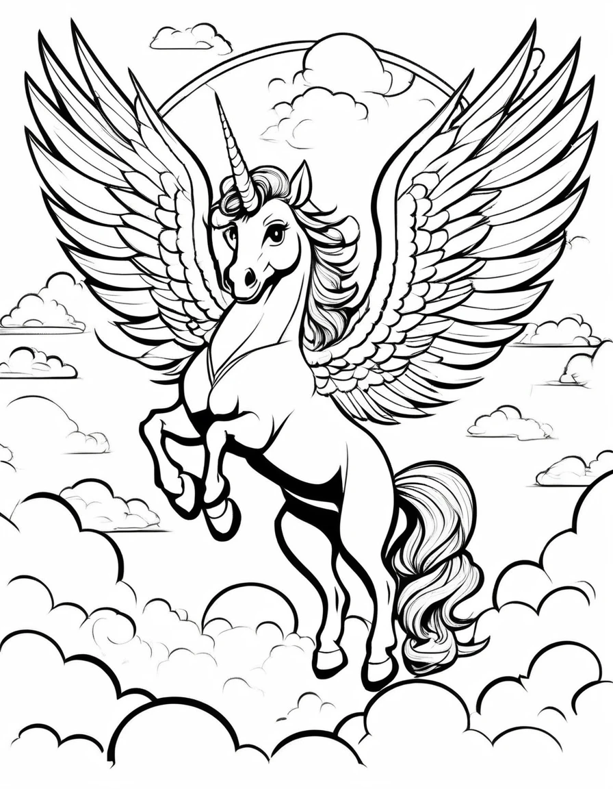 beautiful Unicon, adult, Fantasy,, ดวงตาNo color, have wings, Coloring pages for kids, be happy, Fly in the sky, Behind is a cloud., vector art, simple, 2D vector, black lines white background, For beginners, Vector illustration, Pencil strokes, No color, drawing coloring, white background, Pixar style, black and white, Image size 2:3