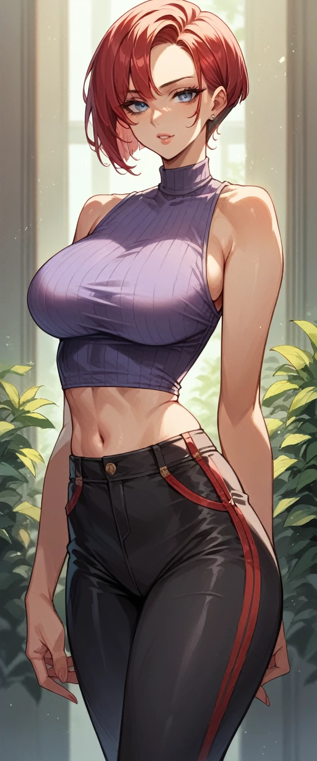 A sexy girl big breast beautiful beauty red hair cut light blue eye pink lip wears purple sleeveless top shows navel and tight black pants red heel