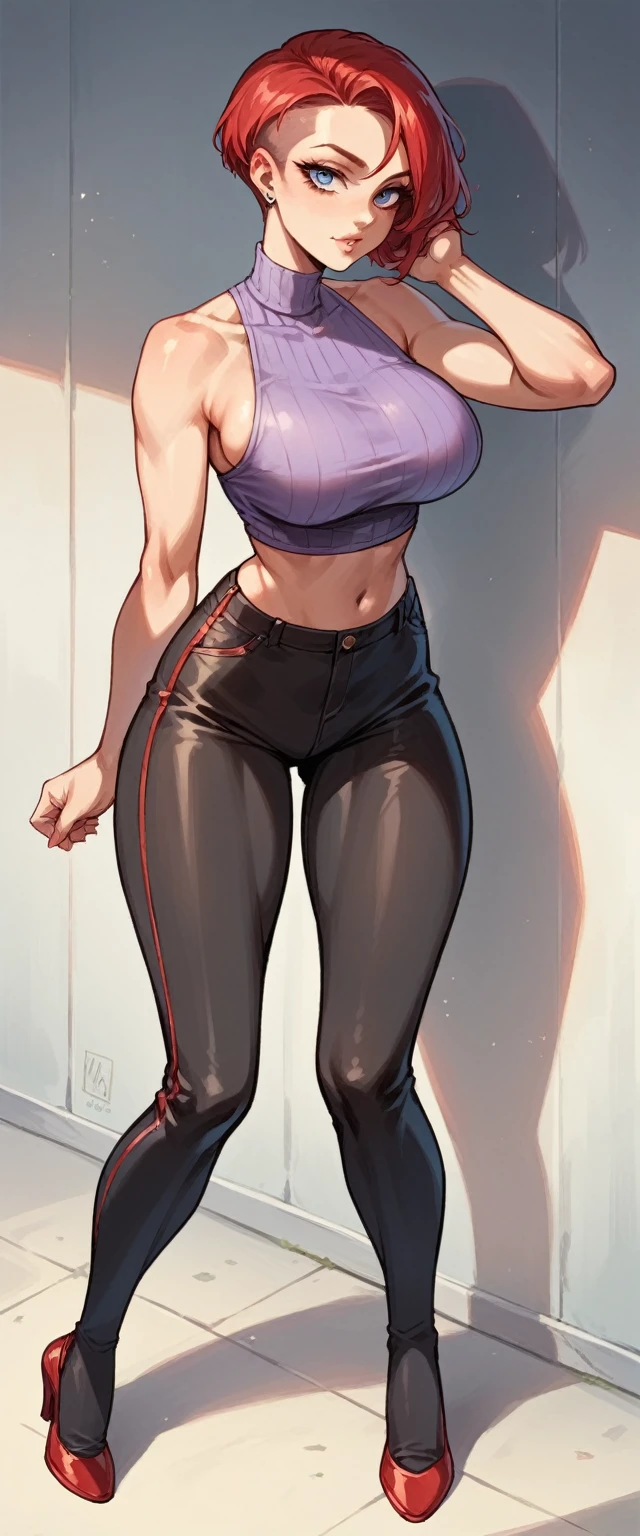 A sexy girl big breast beautiful beauty red hair cut light blue eye pink lip wears purple sleeveless top shows navel and tight black pants red heel