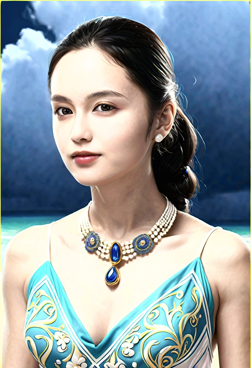 ((Masterpieces with up to 16K resolution:1.6)),Highest quality,it is really amazing,Very detailed,Ultra-high resolution,(Real:1.5),(Realistic:1.5),Increased depth of field,Cinematic Light,
Elegant mature woman,
Long black hair,(Exquisitely detailed face:1.5),Face with a gentle expression,Translucent white skin,Very sensitive skin,Great proportions,Anatomically correct body,
Sexy bikini swimwear,Artistic design,Beautiful and detailed pattern,Detailed fabric texture,Gorgeous necklace,
Coastal landscape at dusk,Dark clouds and dark sky,delay々Continuing sandy beach, Deserted Beach,Dark sea surface,
(Cowboy Shot:1.6),