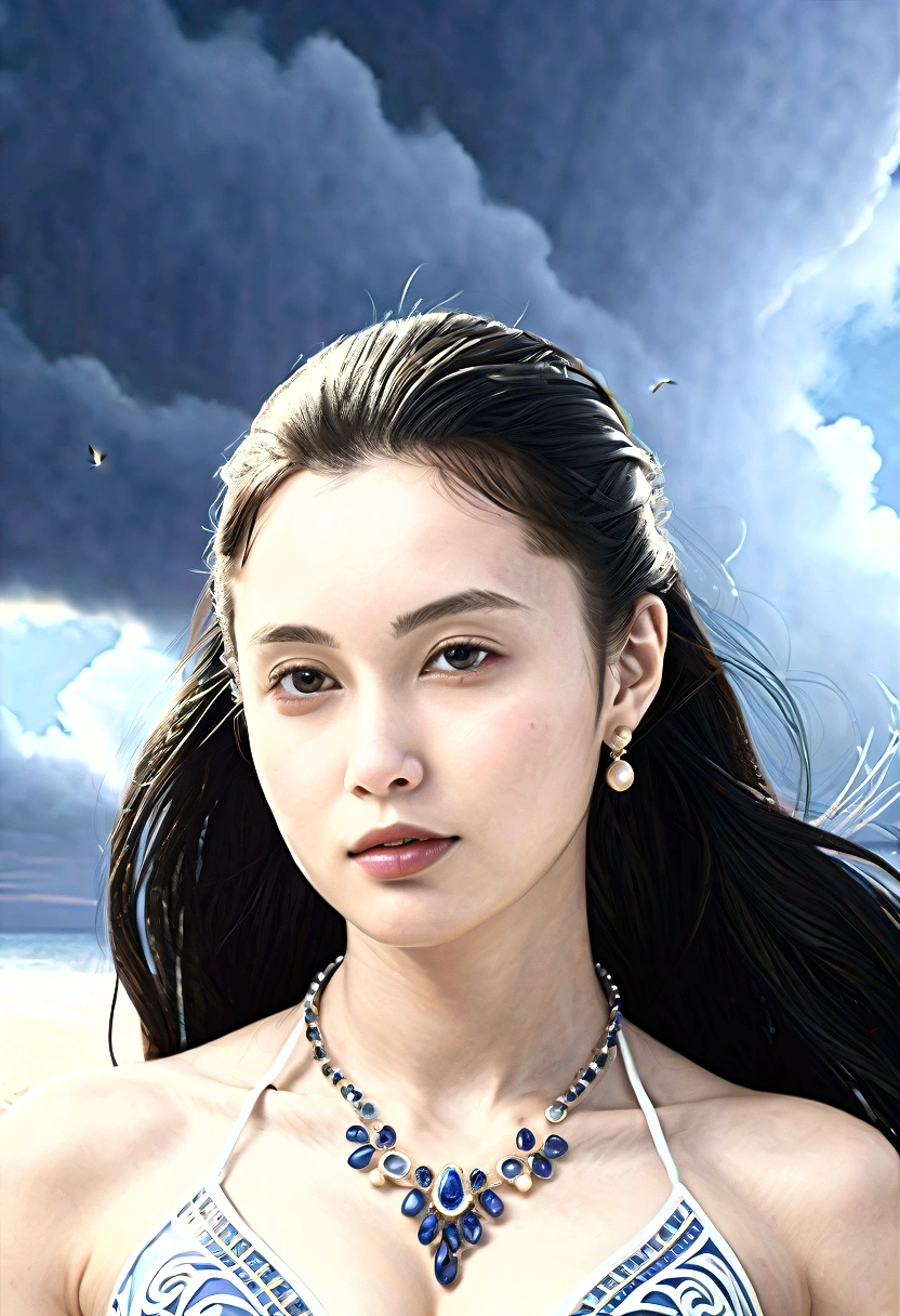 ((Masterpieces with up to 16K resolution:1.6)),Highest quality,it is really amazing,Very detailed,Ultra-high resolution,(Real:1.5),(Realistic:1.5),Increased depth of field,Cinematic Light,
Elegant mature woman,
Long black hair,(Exquisitely detailed face:1.5),Face with a gentle expression,Translucent white skin,Very sensitive skin,Great proportions,Anatomically correct body,
Sexy bikini swimwear,Artistic design,Beautiful and detailed pattern,Detailed fabric texture,Gorgeous necklace,
Coastal landscape at dusk,Dark clouds and dark sky,delay々Continuing sandy beach, Deserted Beach,Dark sea surface,
(Cowboy Shot:1.6),