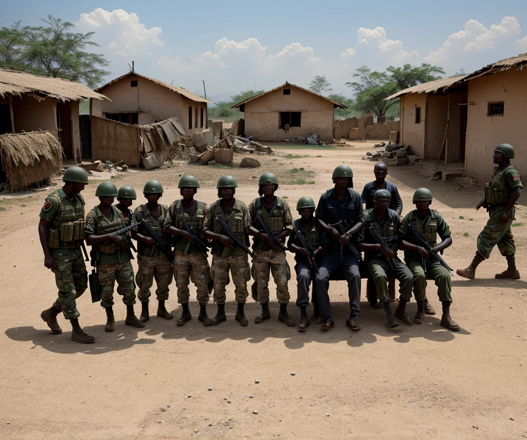 A poignant image depicting a Nigerian village affected by banditry. The image should show a mix of military presence and community members, with soldiers patrolling or engaging with villagers. There should be a visible sense of resilience and hope among the community, despite the evident challenges. The overall tone of the image should convey both the gravity of the situation and the ongoing efforts to restore peace and security.