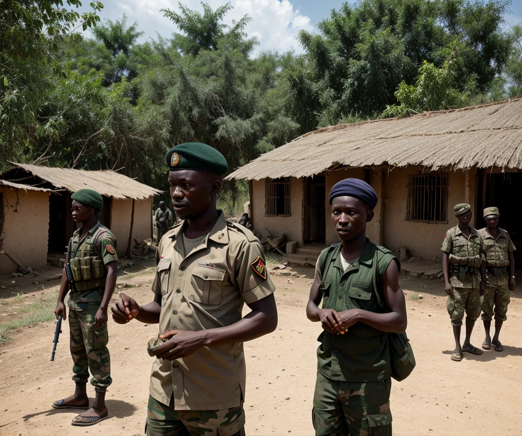 A poignant image depicting a Nigerian village affected by banditry. The image should show a mix of military presence and community members, with soldiers patrolling or engaging with villagers. There should be a visible sense of resilience and hope among the community, despite the evident challenges. The overall tone of the image should convey both the gravity of the situation and the ongoing efforts to restore peace and security.