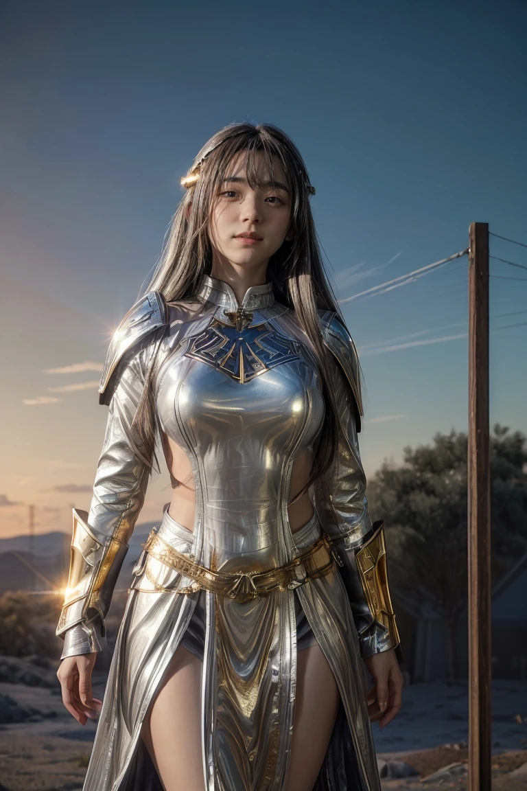 ((masterpiece, best quality, extremely detailed), volumetric lighting, ambient occlusion, colorful, glowing), 1girl, solo, young girl, (dark hair), long hair, halo, aura, sacred, goddess, cleric suit, (silver outfit with gold detailst:1.3), armor, outdoors, sunset, sky, clouds, space, (fantasy theme:1.2),