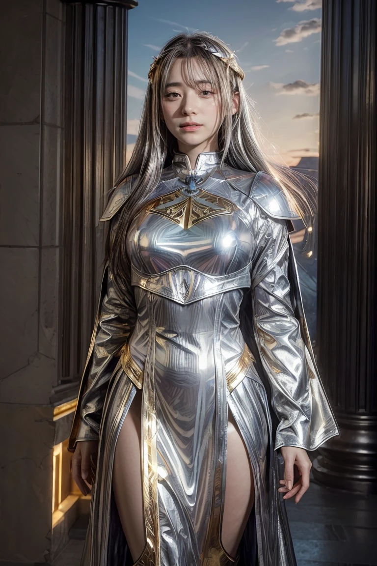 ((masterpiece, best quality, extremely detailed), volumetric lighting, ambient occlusion, colorful, glowing), 1girl, solo, young girl, (dark hair), long hair, halo, aura, sacred, goddess, cleric suit, (silver outfit with gold detailst:1.3), armor, outdoors, sunset, sky, clouds, space, (fantasy theme:1.2),