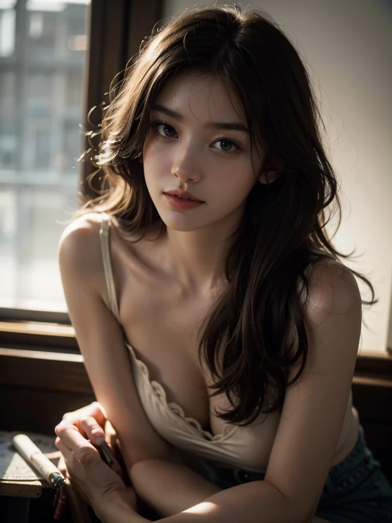 (You can be a person to the world but you can also be the world to one person., Paradox, genius adrian, jenny saville, eduardo hopper, dark art by James Jean, Takato Yamamoto)),(raw photo, best quality), ((Nostalgia,80s style)),(A girl with an office atmosphere.:1.2),(realistic, photo-realistic:1.3), extremely delicate and beautiful, Amazing, finely detailed, masterpiece, ultra detailed, high resolution ,best illustration, best shadow,Intricate,depth of field,1 girl,(Long legs, voluptuous body),long blonde hair,messy wavy hair round glasses,((((Low key,dark scene,dimly lit)) )),fat,(((soft lighting:1.4))),(pale skin:1.4),(Shy smile),(cinematic angle),Sharp focus, volumetric fog, 8k UHD, DSLR, High quality,( grain the film:1.4), Fujifilm XT3,(looking at the viewer)、とても豊かな胸、ランジェリー、セミロングヘア