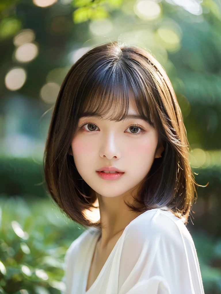 ((Beautiful and shiny、Very well-groomed straight bob hair))、plein air, solo,top-quality、The ultra -The high-definition、bangss (Beautiful fece:1.3) ((kawaii:1.3))、((sixteen years old)) White shirt Decolletage Natural color lips (Lori) Sense of cleanliness pure Half-open lips