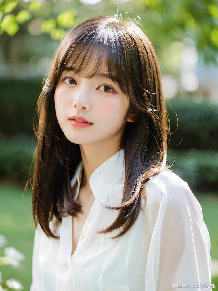 ((Beautiful and shiny、Very well-groomed straight bob hair))、plein air, solo,top-quality、The ultra -The high-definition、bangss (Beautiful fece:1.3) ((kawaii:1.3))、((sixteen years old)) White shirt Decolletage Natural color lips (Lori) Sense of cleanliness pure Half-open lips