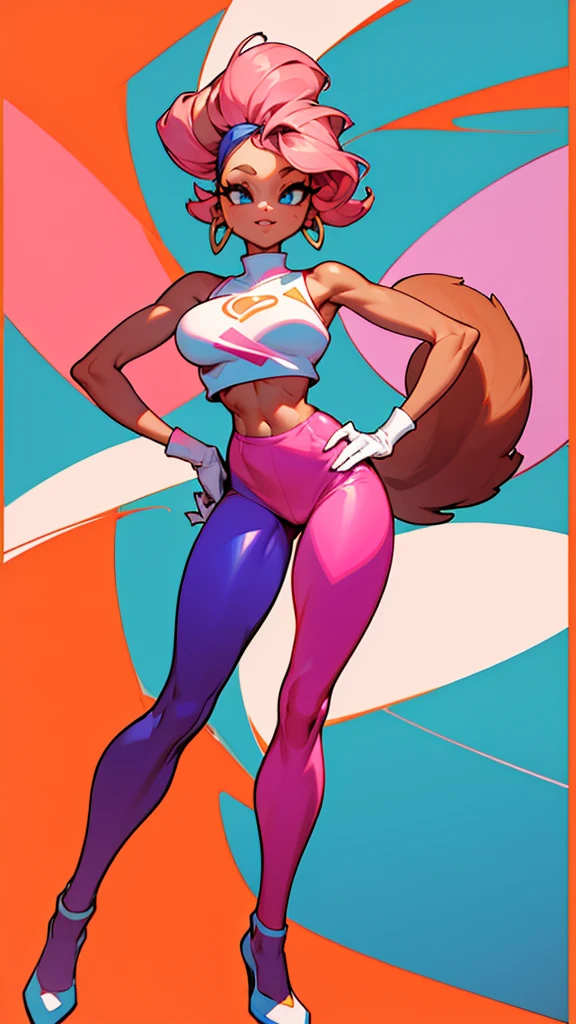 s a stylish anthropomorphic female squirrel with reddish-brown fur and bright blue eyes. She stands confidently with one hand on her hip, displaying a friendly and charming demeanor. Her wavy pink hair complements her vibrant look. She is dressed in a white crop top and tight purple pants, accentuating her figure. Surrounding her are colorful flowers in various shades of pink, orange, blue, and green, adding a whimsical and lively touch to the scene. The overall style is dynamic and cartoonish, creating a playful and engaging atmosphere.