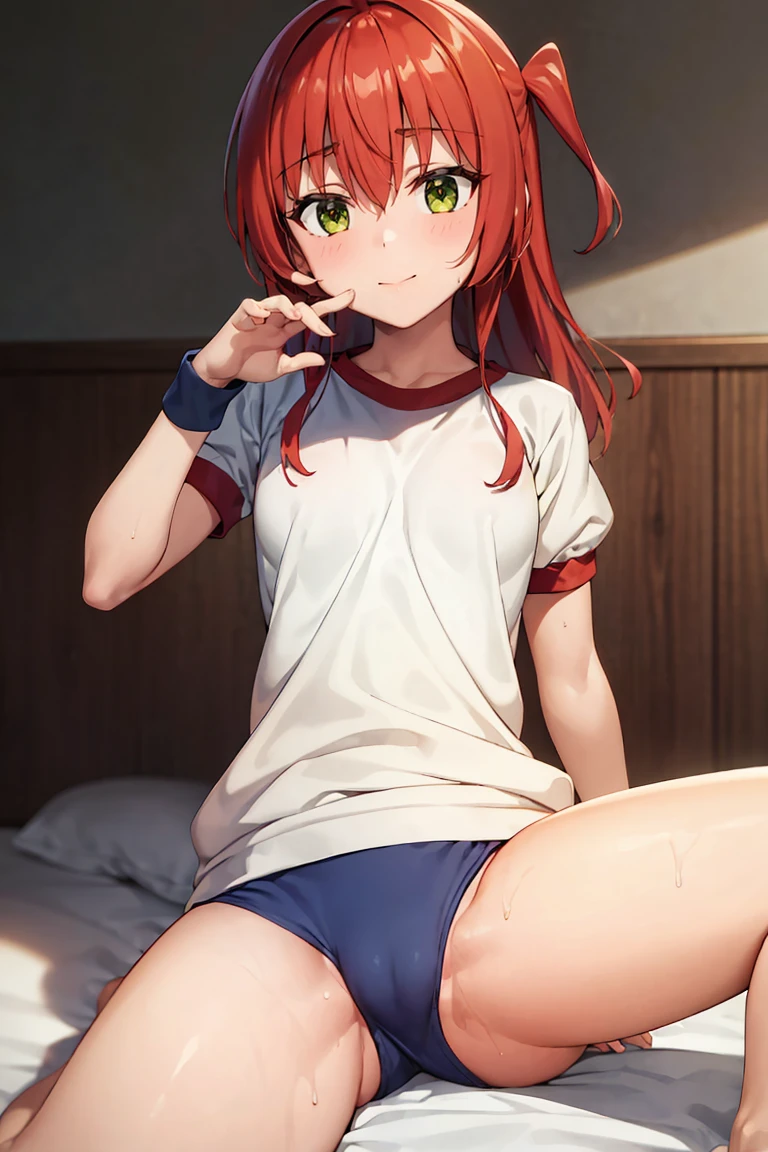 room, 1 Girl, Highest quality, Ultra-high resolution, Long Hair, Redhead, Green Eyes,Looking at the audience, Small breasts , Shy face、Watery eye, Open your mouth、Cowboy Shot、(Navy blue cuffs and white short-sleeved gym uniform)、(Navy Blue Bloomers)、(
barefoot)、Navy blue socks、(((Lying in bed、Spread your legs wide、Sexy pose)))