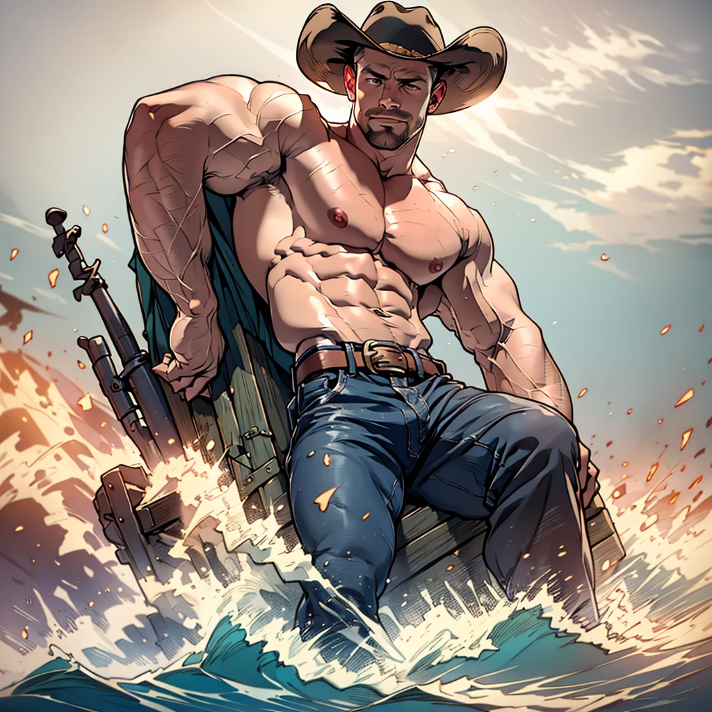 Nsfw , naked solo man ,8k, high quality , detailed face , detailed fingers ,detailed muscles, detailed cock , stephen amell wearing a cowboy outfit  , unbuttoned vintage pants, shirtless, showing balls and a hard cock, , wearing a vintage cowboy fancy hat , a vintage belt with gun ,showing a dark blond short hair , a thick facial hair , hard nipples, ,hunk and handsome, laying on his back in the hay in a stable  , spread legs , volumetric lighting, Masterpiece detail stable