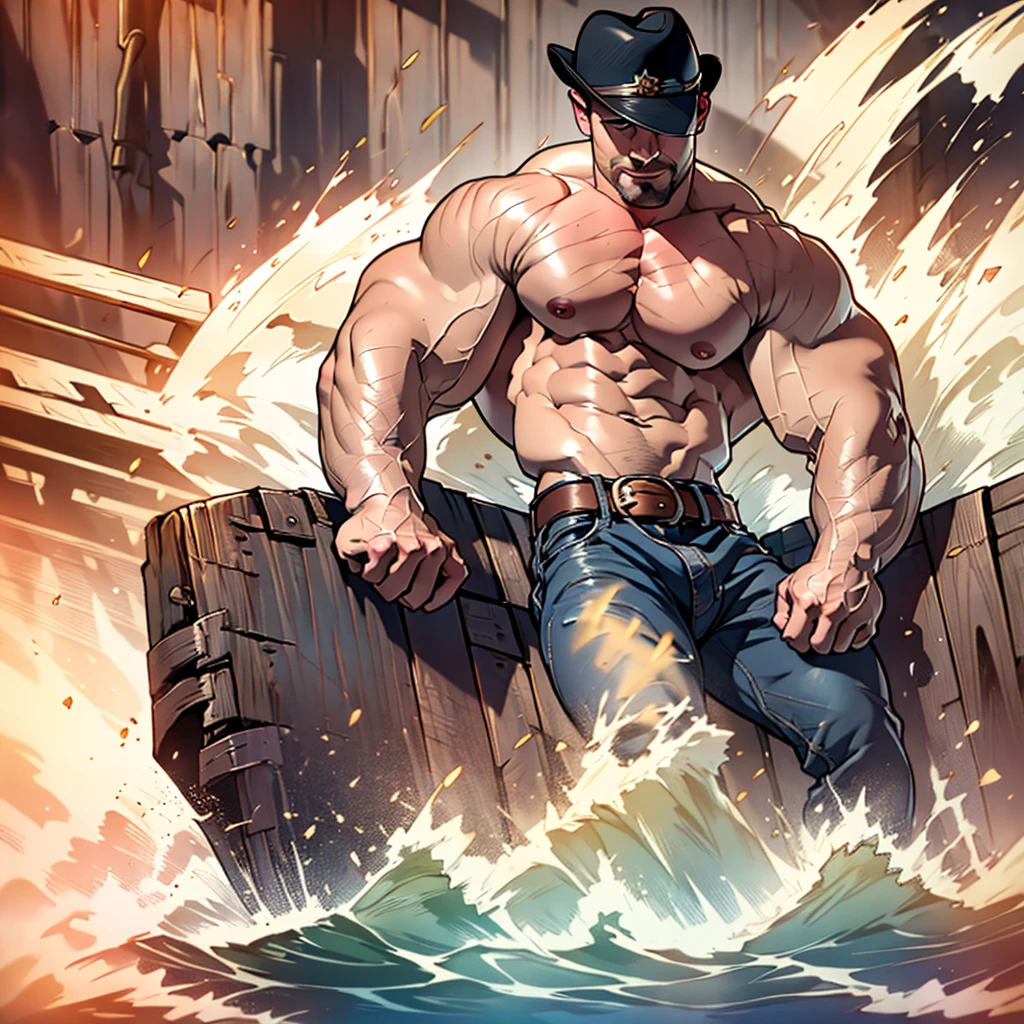 Nsfw , naked solo man ,8k, high quality , detailed face , detailed fingers ,detailed muscles, detailed cock , stephen amell wearing a cowboy outfit , unbuttoned vintage pants, shirtless, showing balls and a hard cock, , wearing a vintage cowboy fancy hat , a vintage belt with gun ,showing a dark blond short hair , a thick facial hair , hard nipples, ,hunk and handsome, laying on his back in the hay in a stable , spread legs , volumetric lighting, Masterpiece detail stable