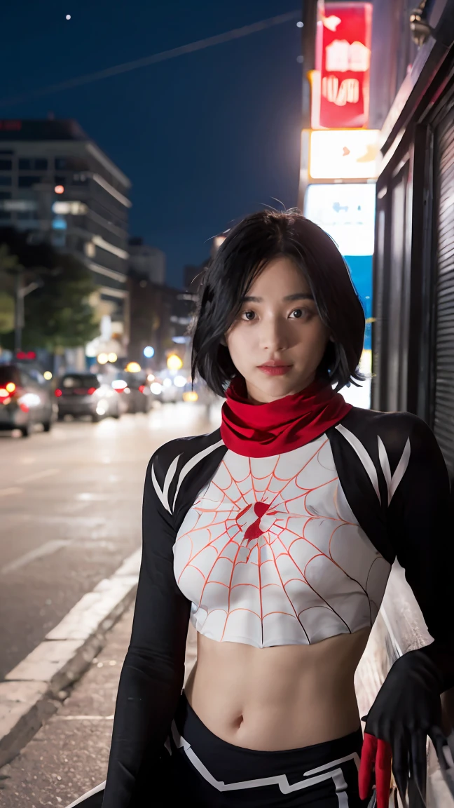 (Highly quality, masterpiece, detailed), Night city detailed scenario, night city detailed background, 20 years old girl, black hair, 1girl, CindyMoon, cindymoon, close-up, upper body, short hair, Black top, white top, black botton, white bottom, long bottom, spider web print, Crop top, Red scarf, Long Sleeves, Gloves, red finger gloves, Abdomen, Expressionless, sitting on top of a building, Navel, beautiful eyes, perfect eyes, looking at the viewer, Sexy pose