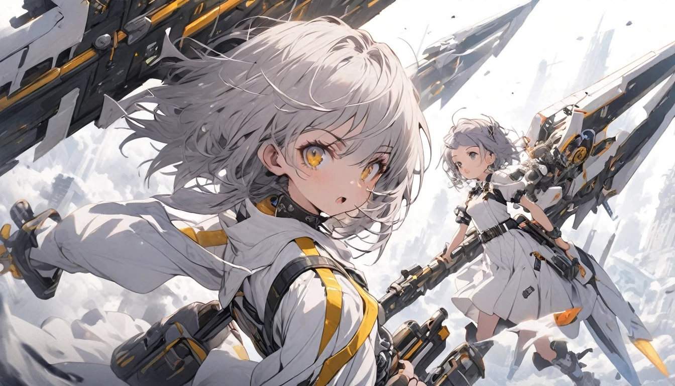 Golden Eyes Gray Hair mechanic White workwear Gothic Belt on torso small breasts Young Girl oil stains strict toolbox Giant futuristic weapon Working