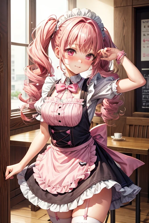 One girl,Cafe Waitress,Pink Hair,Twin tails,big tail,Curly Hair,Pink ta Maid,apron,Pink Eyes,blush,Embarrassed face,Small ,Small breasts,
