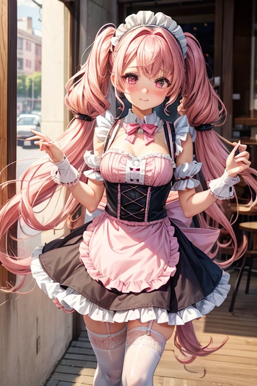 One girl,Cafe Waitress,Pink Hair,Twin tails,big tail,Curly Hair,Pink Lolita Maid,apron,Pink Eyes,blush,Embarrassed face,