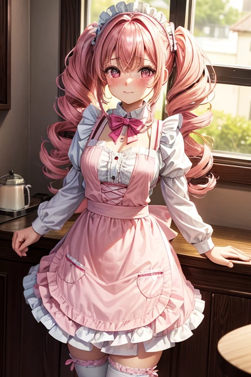 One girl,Cafe Waitress,Pink Hair,Twin tails,big tail,Curly Hair,Pink Lolita Maid,apron,Pink Eyes,blush,Embarrassed face,