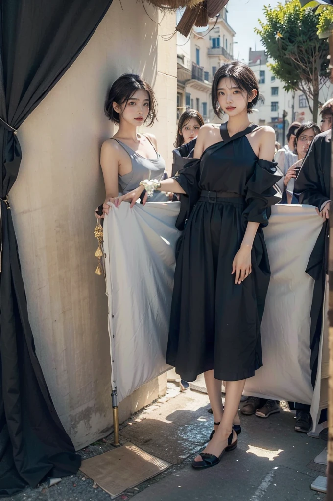 (((best quality))),(((Extremely detailed))),(((masterpiece))),illustration,1 Girl,Slim,Active Cotton Dress,Short straight hair,flat chest,permanent, Bustling city streets,Surrounded by a crowd, rich and colorful,Enjoy the sights and sounds,(Dark black skin:1.5),(Day scene:1.3),whole body,Standing,Place your hands at your sides,Sunlight,Long legs,sandals,Sunlight