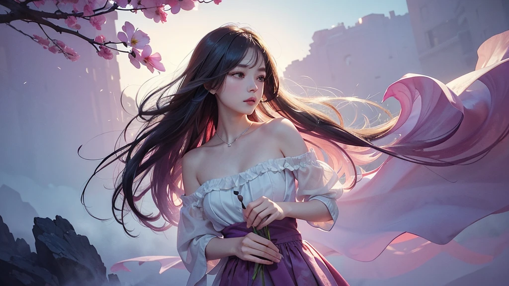 One girl,flower, Lisianthus ,Pale pinkと淡い青のスタイル, A dreamy, romantic piece, Pale pink, Mysterious Leaves, A playful arrangement,Fantasy, High Contrast, Ink strokes, explosion, Exposure, Impression of purple and red tones , Abstract, ((Watercolours by John Berkey and Jeremy Mann )) Brush strokes, Negative Space,