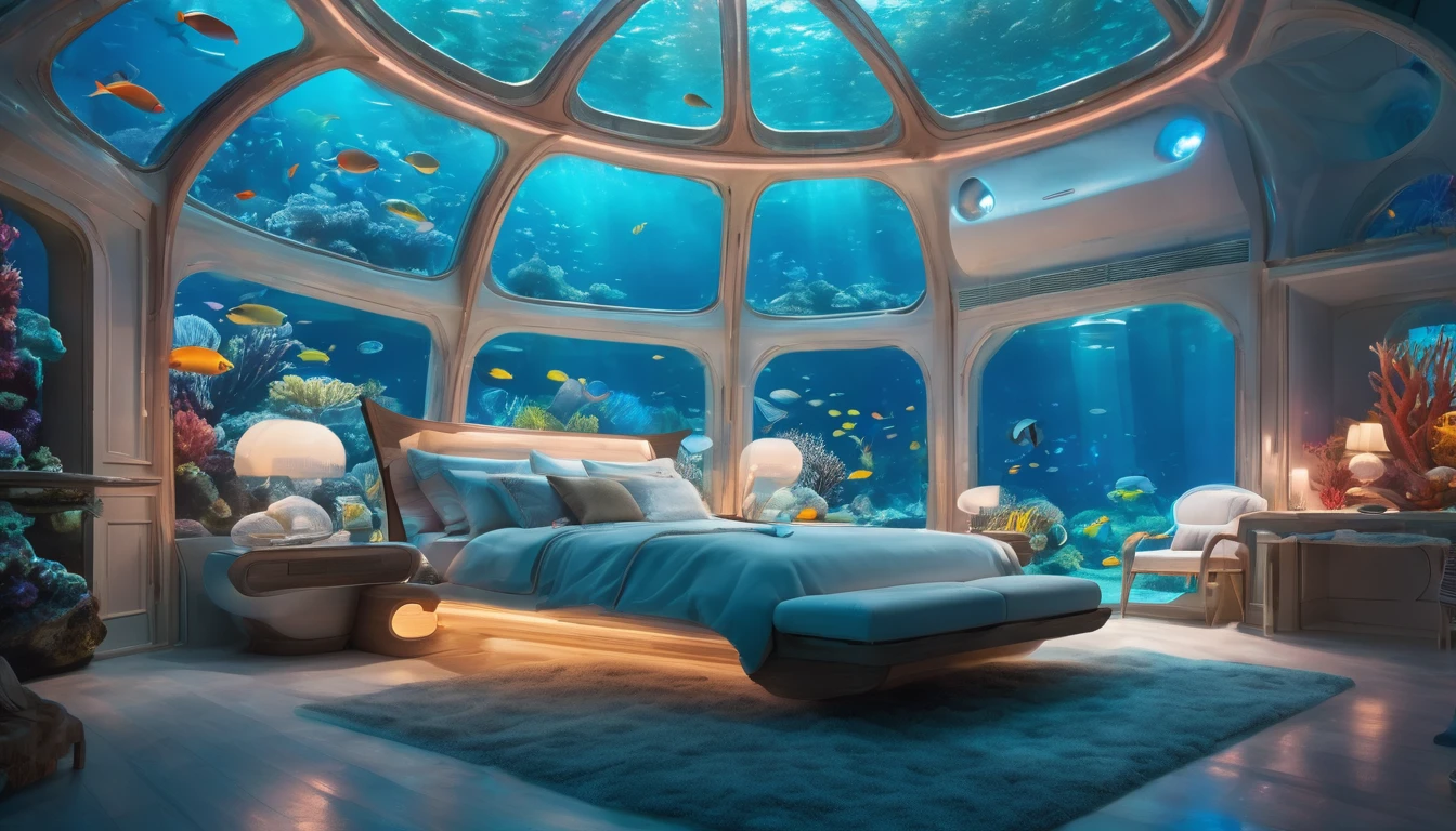 A futuristic underwater bedroom encapsulated in a transparent, glowing dome. The bed is elegantly designed, surrounded by soft blue lighting and suspended above a vibrant coral reef. Fish are swimming around the dome, creating a serene and otherworldly atmosphere. The scene is illuminated with soft, ethereal light, highlighting the intricate details of the coral and marine life below.