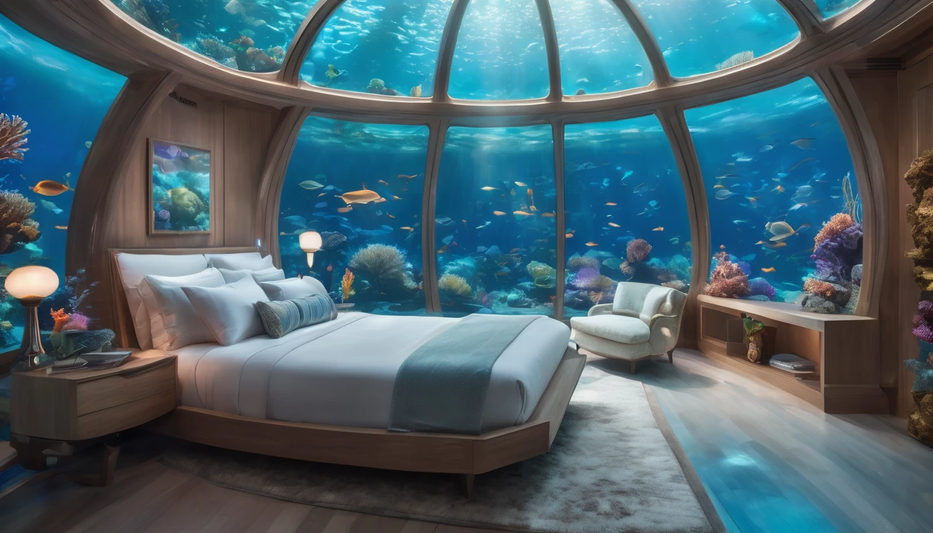 A futuristic underwater bedroom encapsulated in a transparent, glowing dome. The bed is elegantly designed, surrounded by soft blue lighting and suspended above a vibrant coral reef. Fish are swimming around the dome, creating a serene and otherworldly atmosphere. The scene is illuminated with soft, ethereal light, highlighting the intricate details of the coral and marine life below.