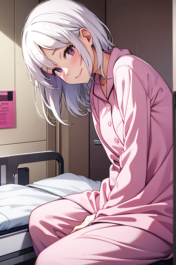 small, Cute girl, White Hair, Hair, pink pajamas, in the hospital room, smiling 