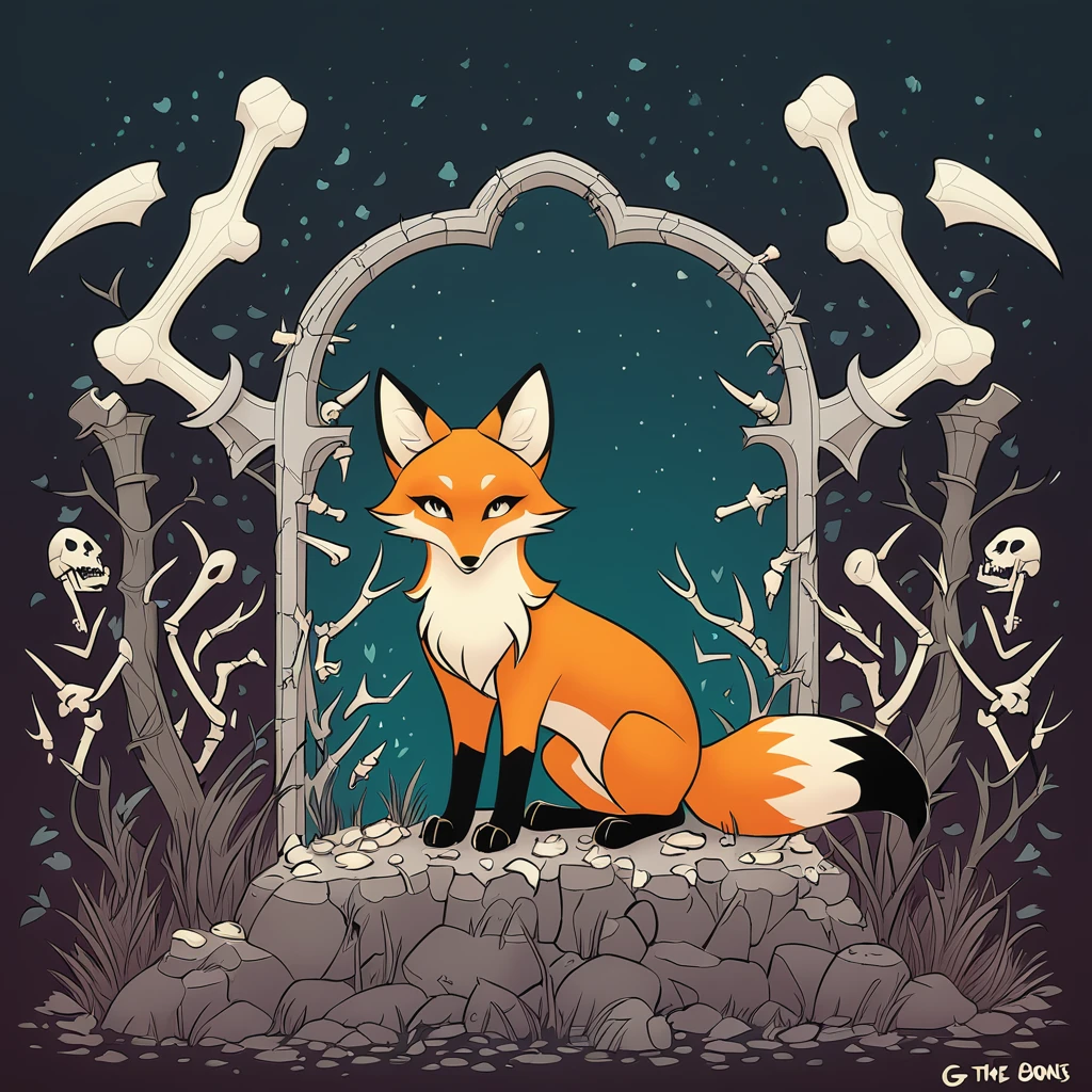 a fox with the bones on the outside in graveyard art style
