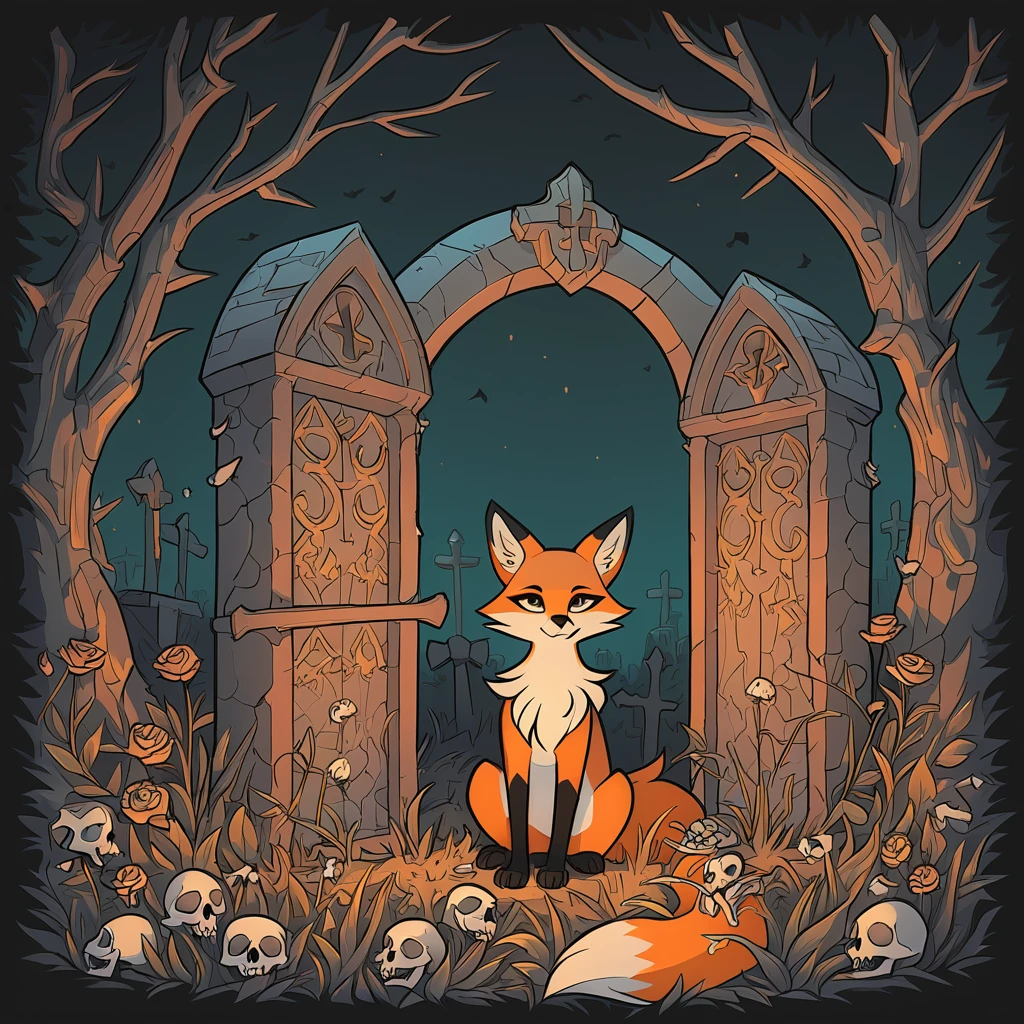 a fox with the bones on the outside in graveyard art style
