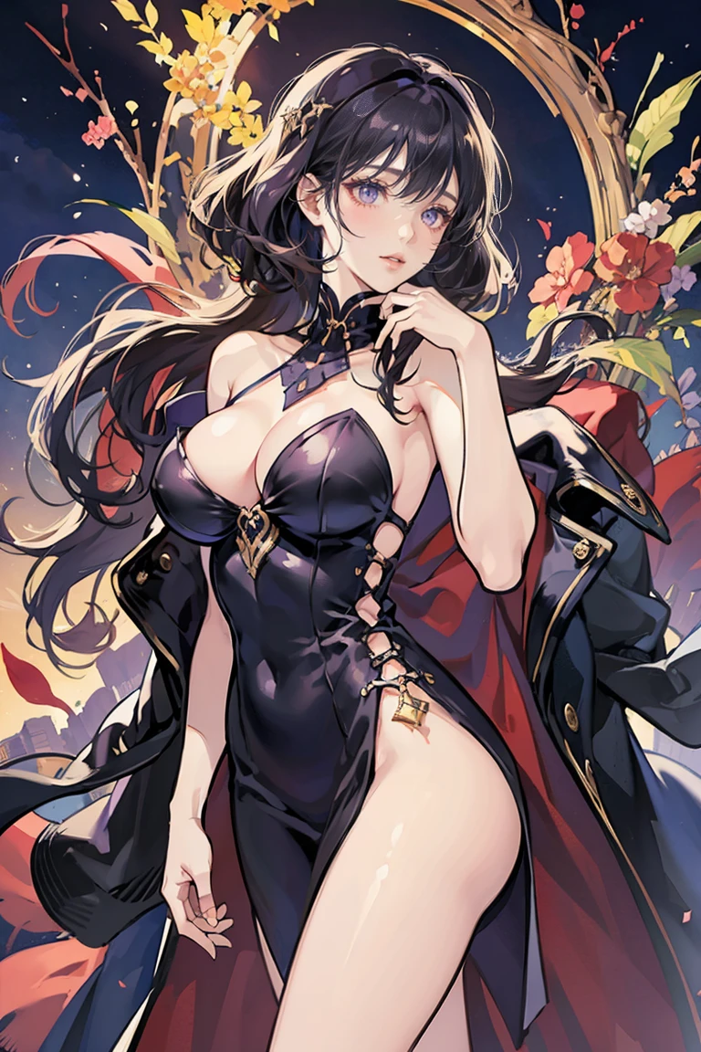 anime - (masterpiece), best quality, seductive eyes, cute face, dark purple eyes, short dark hair, , high-heels, tall woman, long legs, adult-like female, 1girl, big breast, school background