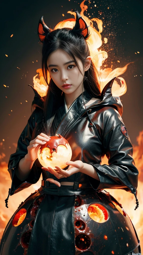 (high quality), (masterpiece), (detailed), 8K, Hyper-realistic portrayal of a futuristic (1girl1.2), Japanese character surrounded by molten magma with bats. Meticulous details capture the dynamic fusion of tradition and innovation in this visually stunning composition. Trending on Artstation.