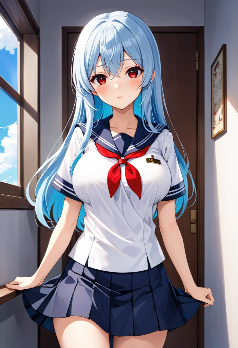 My name is Yukiko.I am a white test woman with long light blue hair,red eye color.I am 1.62 cm tall . My breasts measure 200 cm, my waist 40 cm and my hips 200 cm. Dressed in a white short-sleeved sailor uniform shirt and a navy blue miniskirt. With big breasts 200 cm
