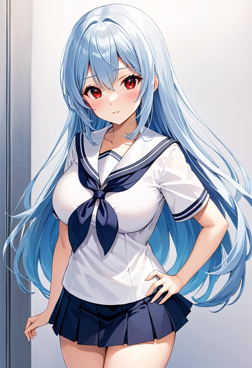 My name is Yukiko.I am a white test woman with long light blue hair,red eye color.I am 1.62 cm tall . My breasts measure 200 cm, my waist 40 cm and my hips 200 cm. Dressed in a white short-sleeved sailor uniform shirt and a navy blue miniskirt. With big breasts 200 cm