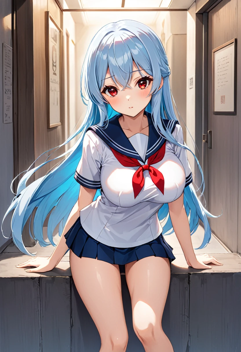 My name is Yukiko.I am a white test woman with long light blue hair,red eye color.I am 1.62 cm tall . My breasts measure 200 cm, my waist 40 cm and my hips 200 cm. Dressed in a white short-sleeved sailor uniform shirt and a navy blue miniskirt. With big breasts 200 cm