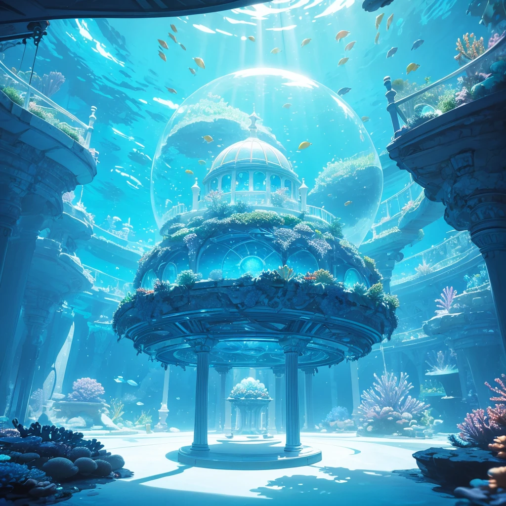 A futuristic underwater bedroom encapsulated in a transparent, glowing dome. The bed is elegantly designed, surrounded by soft blue lighting and suspended above a vibrant coral reef. Fish are swimming around the dome, creating a serene and otherworldly atmosphere. The scene is illuminated with soft, ethereal light, highlighting the intricate details of the coral and marine life below.