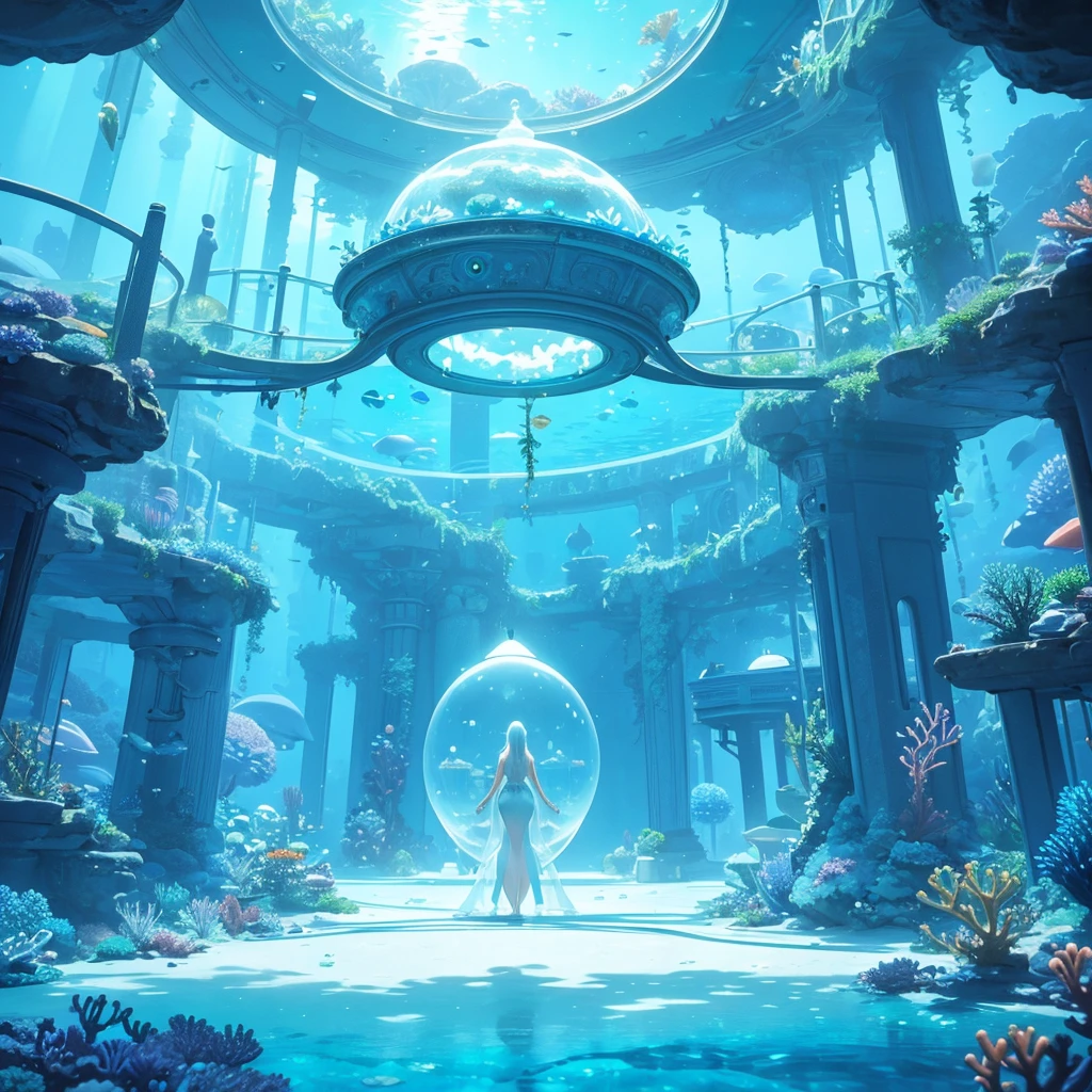 A futuristic underwater bedroom encapsulated in a transparent, glowing dome. The bed is elegantly designed, surrounded by soft blue lighting and suspended above a vibrant coral reef. Fish are swimming around the dome, creating a serene and otherworldly atmosphere. The scene is illuminated with soft, ethereal light, highlighting the intricate details of the coral and marine life below.