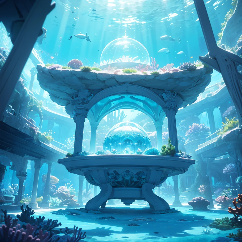 A futuristic underwater bedroom encapsulated in a transparent, glowing dome. The bed is elegantly designed, surrounded by soft blue lighting and suspended above a vibrant coral reef. Fish are swimming around the dome, creating a serene and otherworldly atmosphere. The scene is illuminated with soft, ethereal light, highlighting the intricate details of the coral and marine life below.