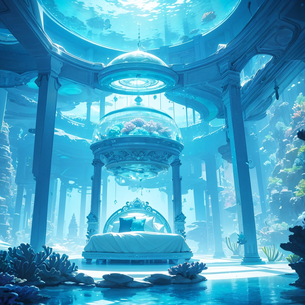 A futuristic underwater bedroom encapsulated in a transparent, glowing dome. The bed is elegantly designed, surrounded by soft blue lighting and suspended above a vibrant coral reef. Fish are swimming around the dome, creating a serene and otherworldly atmosphere. The scene is illuminated with soft, ethereal light, highlighting the intricate details of the coral and marine life below.